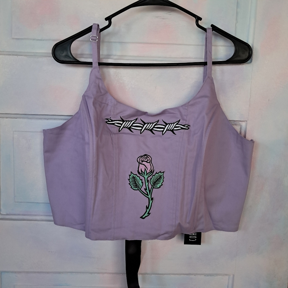 Current Mood Lavender Cropped Tank with Rose & Barbed Wire Graphic